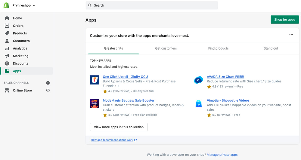 Dashboard eshopového nástroje Shopify. V dashboardu je otevřená sekce s aplikacemi a doplňky.