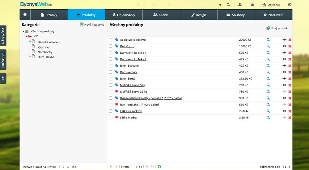 Dashboard nástroje ByznysWeb. V dashboardu je otevřená kategorie Produkty.