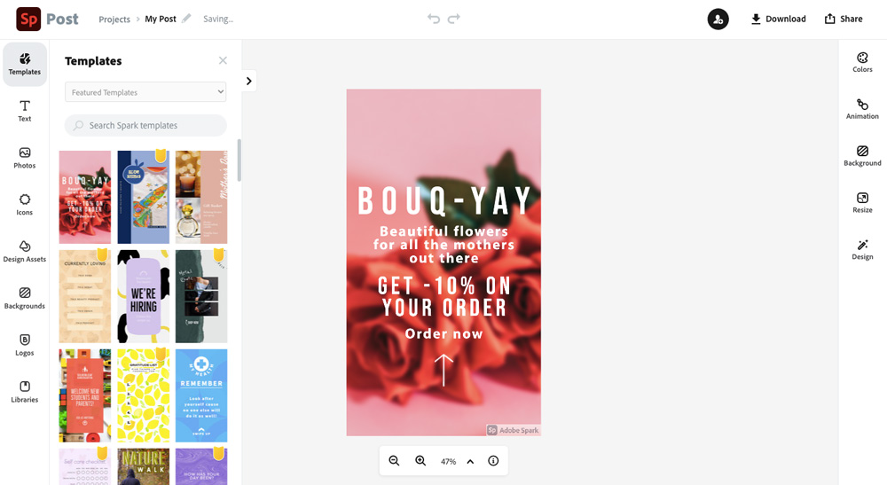 Dashboard nástroje Adobe Spark, ve kterém je otevřená růžová šablona s anglickým textem.