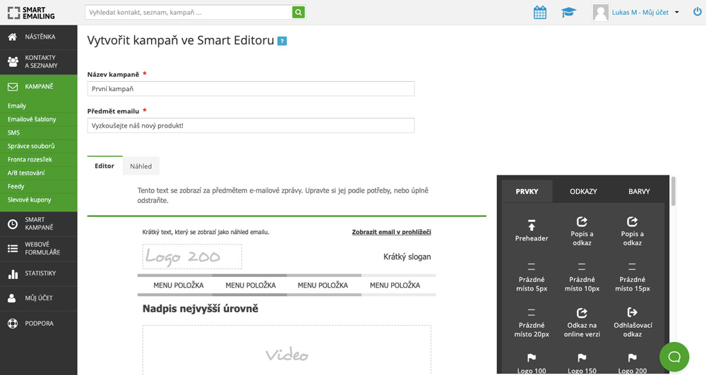 Uživatelské prostředí služby Smartemailing, ve kterém probíhá vytváření nové kampaně.