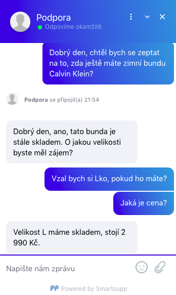 Chatovací okénko služby SmartSupp, které má modrou barvu a klasický design.