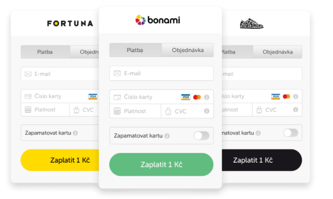 Platební brána GoPay z pohledu uživatele. Vidíme celkem 3 obrazovky s platební branou pro Fortunu, bonami a Footshop.