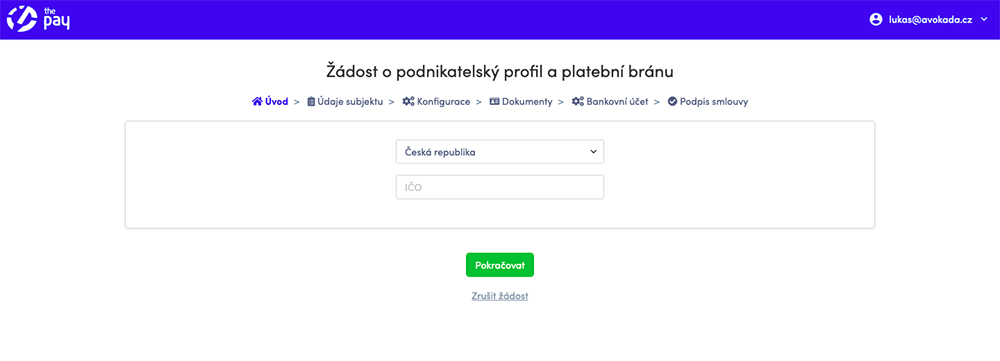 První krok registračního formuláře, který na vás čeká, pokud si založíte platební bránu ThePay.