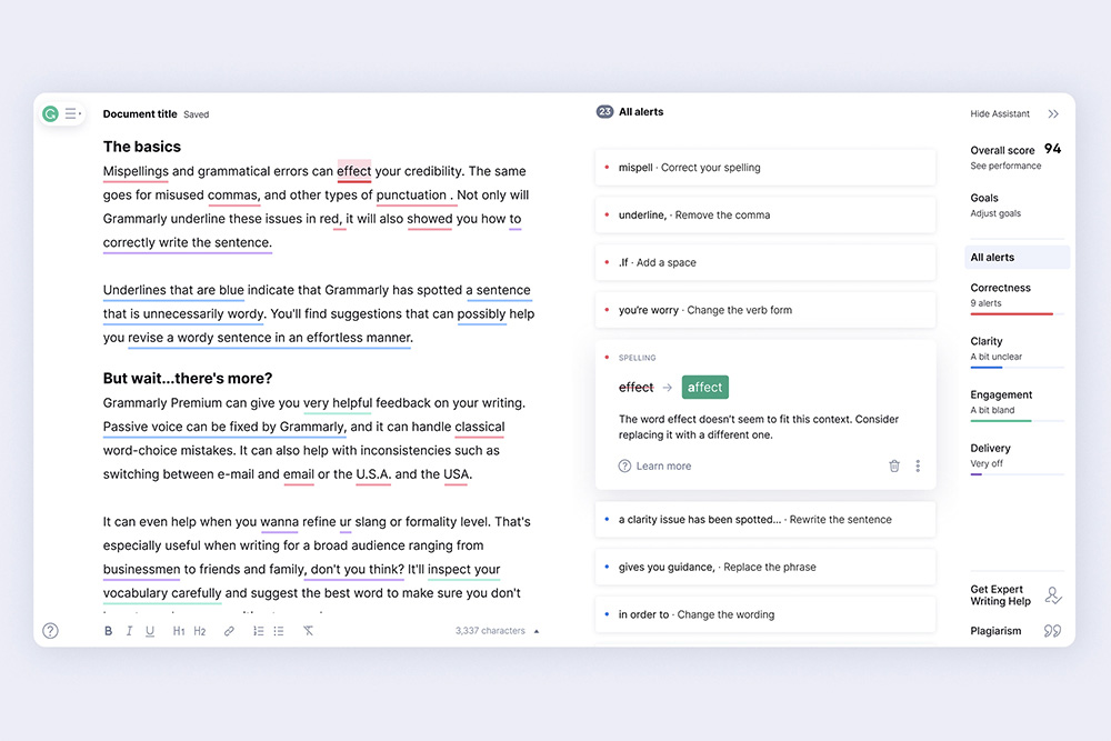 Editor Grammarly upozorňuje na všechny chyby a navrhne vám, jak text vylepšit.