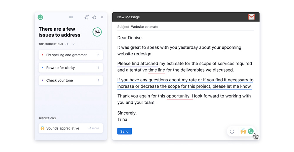 Ukázka toho, jak Grammarly opravuje a vylaďuje texty při psaní e-mailu. Nabídne vám přehled doporučení, které váš text zlepší