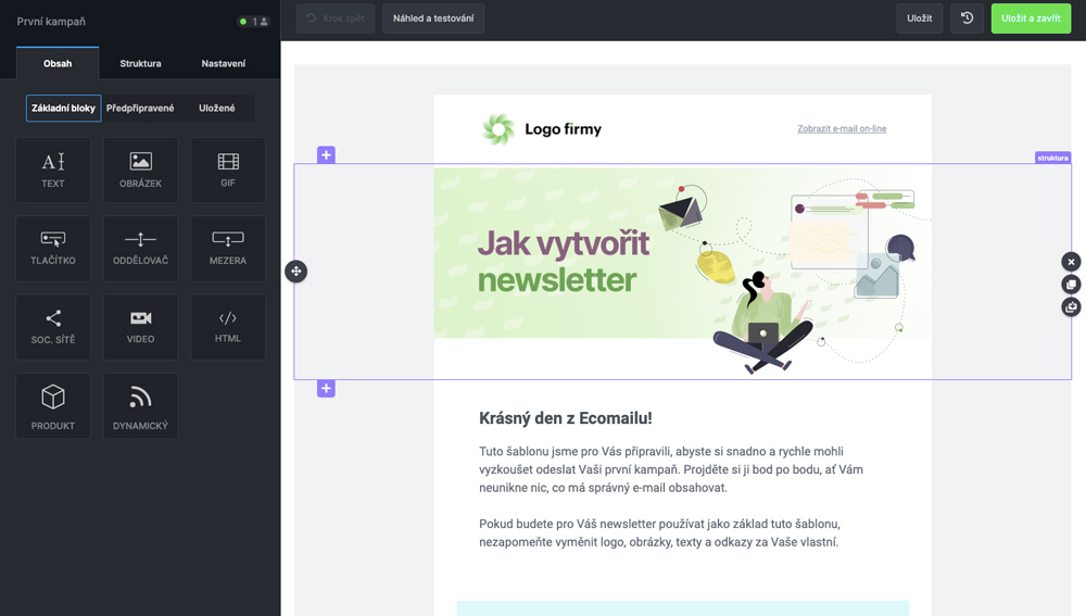 Šablona služby Ecomail, která byla použita pro vytváření newsletteru. Dominuje fialová a zelená barva.