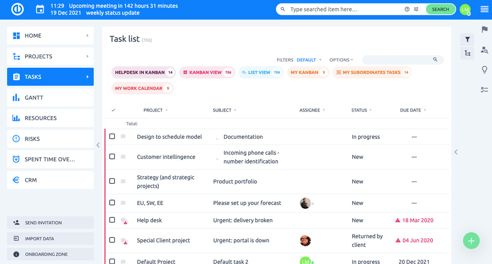 Seznam úkolů ve službě Easy Project. Tasky jde řadit podle různých filtrů jako STATUS či DUE DATE.