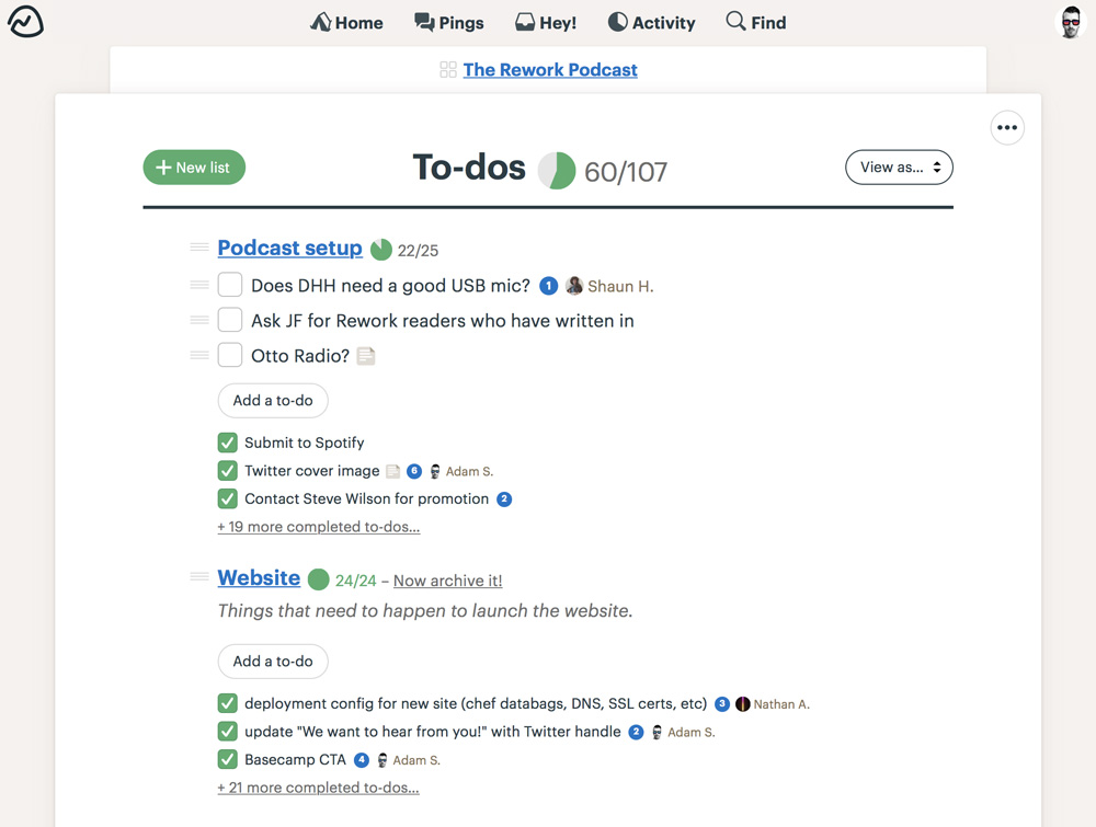 Dashboard služby Basecamp s úkoly. Vidíme daný úkol a checkboxy, které vedou ke splnění úkolu.
