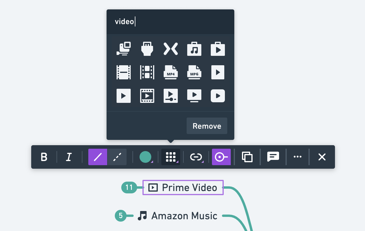 Thousands of searchable icons can be easily added to nodes