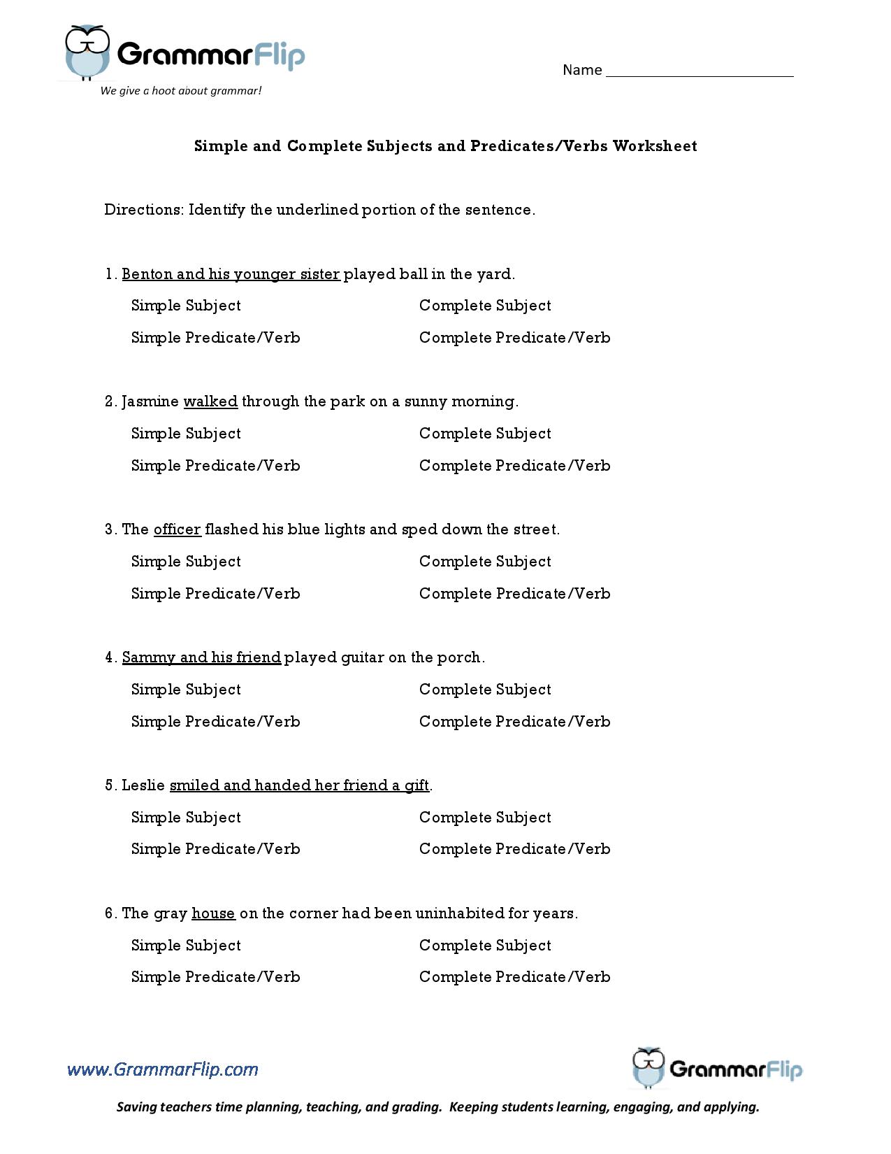 Simple and Complete Subjects and Predicates - Free Worksheet