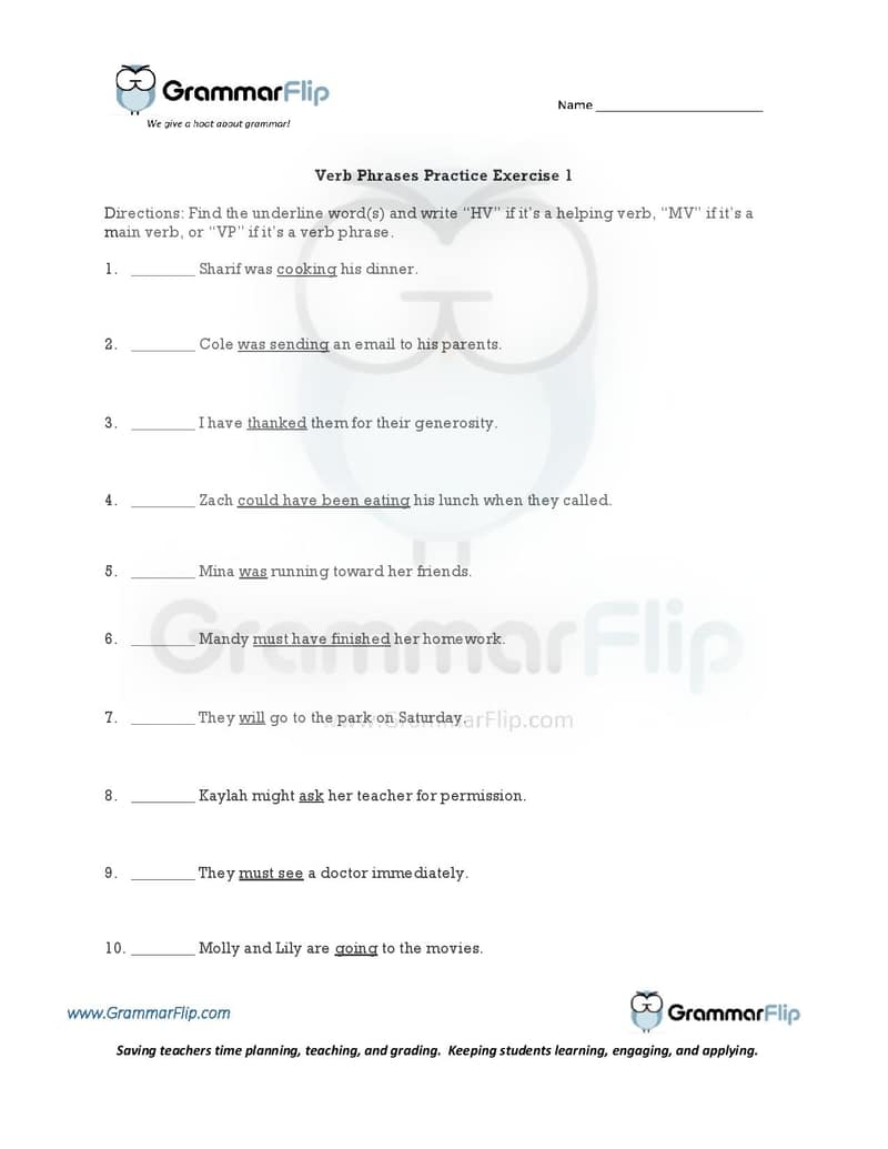 Verb Phrases - Free Worksheet