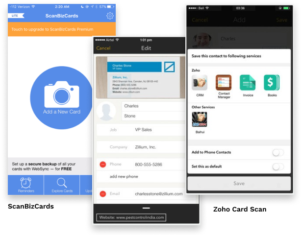 Interface of ScanBizCards and Zoho Card Scan solutions