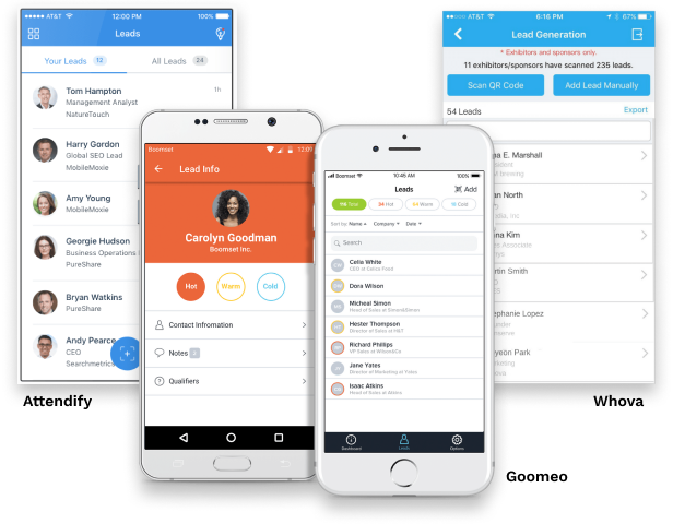 Interface of Attendify, Goomeo and Whova solutions
