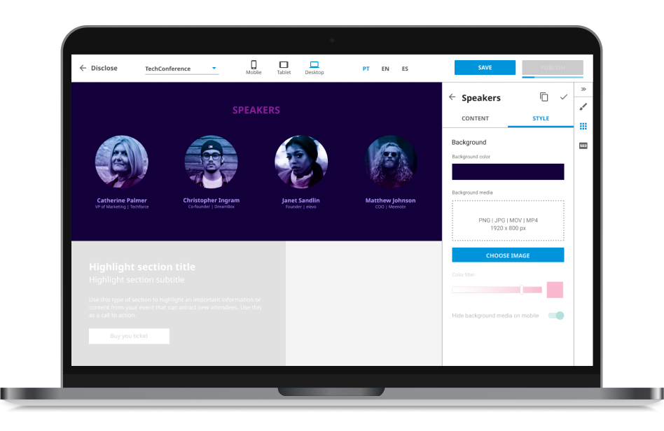 Interface of the event website builder