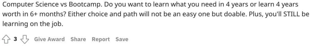 Reddit post comparing the differences between learning to code via a computer science degree and coding bootcamp