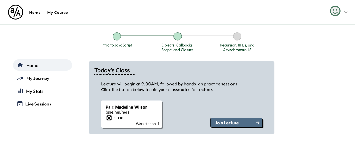 The enrolled learner view in Learner Home showing a progress bar of the learners progress and the ability to join the lecture