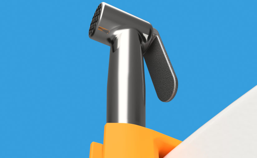 Render of a plastic holder for toilet spray.