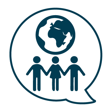 Icon with three people holding hands under the globe