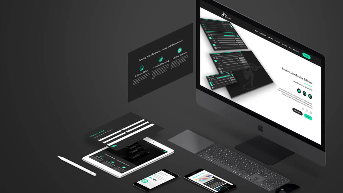 digital devices, iphone and mac on a black background displaying a website design