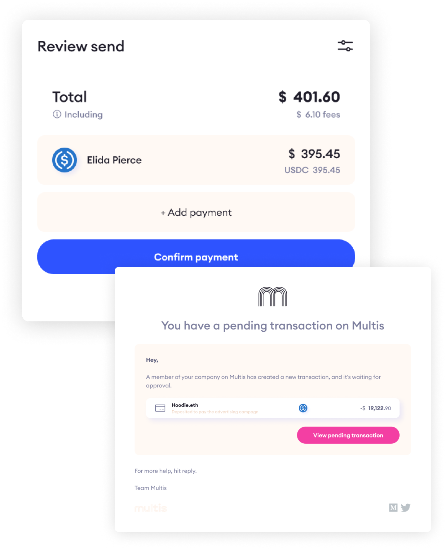 Multis dashboard notification cards showing sending and pending transactions
