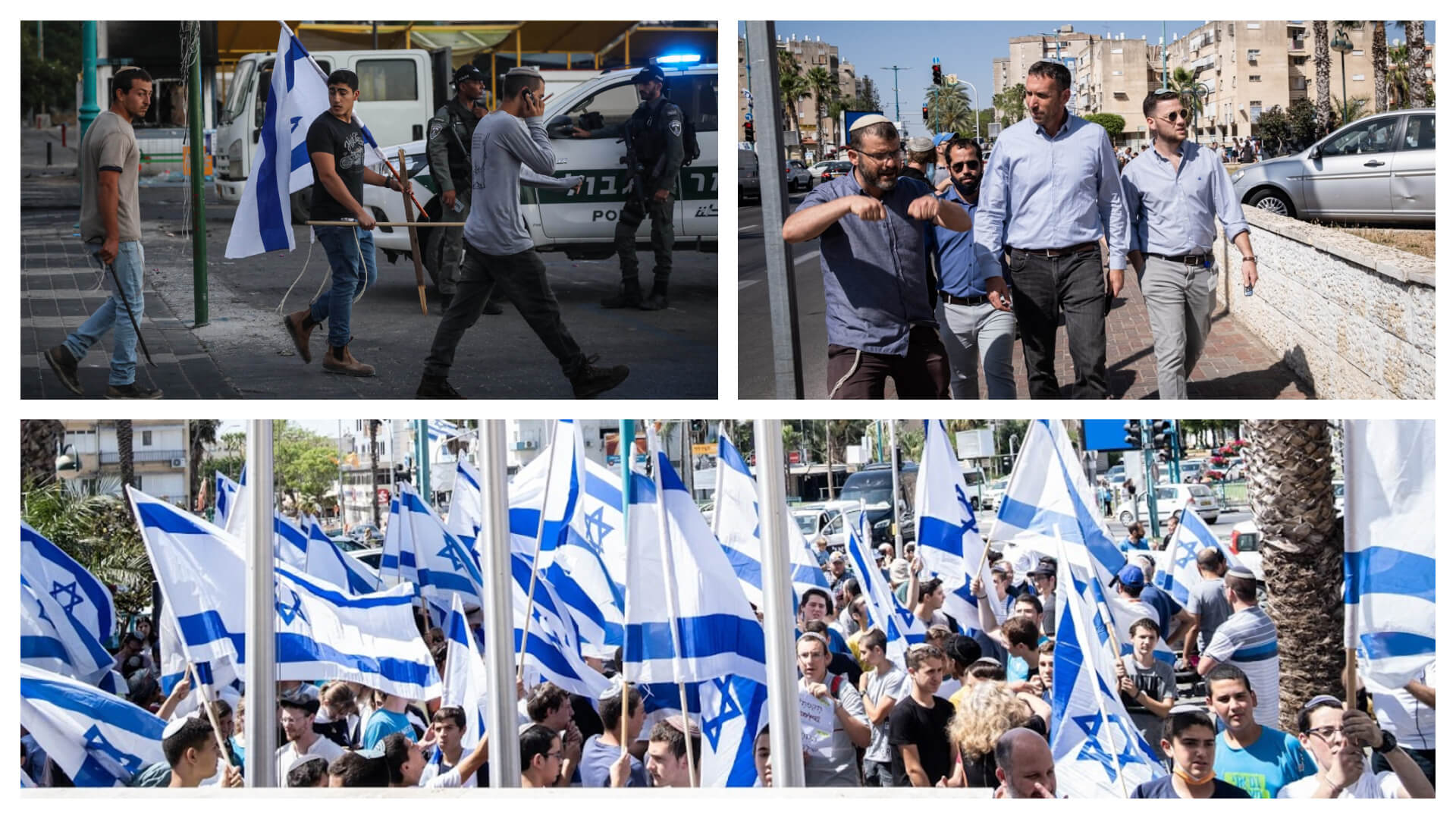 צעירים יהודים עם אלות אל מול עיני השוטרים בלוד (משמאל ועם כיוון השעון), ח"כ מתן כהנא בלוד והפגנת תמיכה מל בית המשפט ביהודי שירה למוות בצעיר הערבי המנוח תושב העיר מוסא חסון עם פרוץ המהומות בעיר. צילומים: ביא בר קלוש, רויטרס