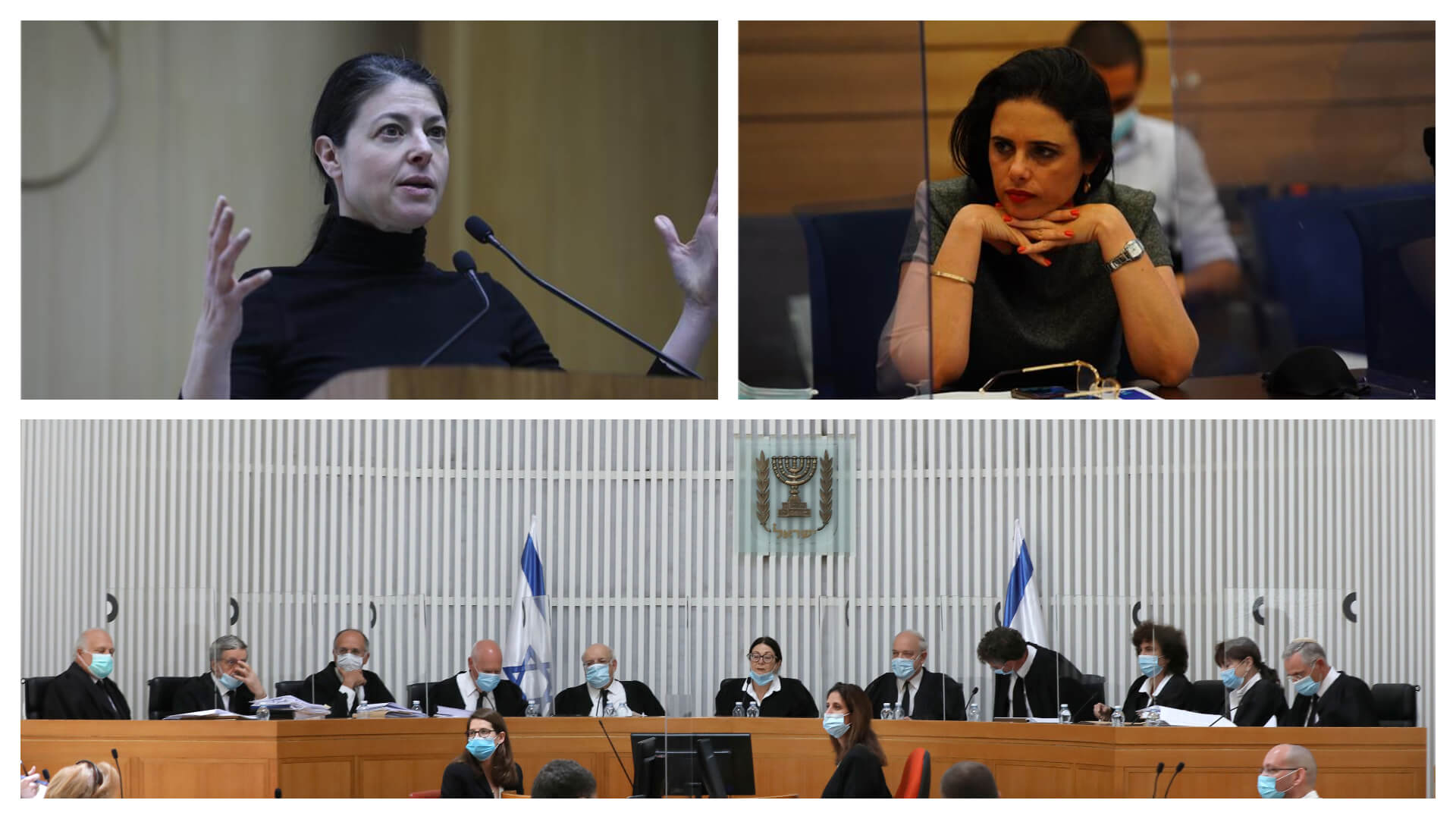 מרב מיכאלי (משמאל), איילת שקד ושופטי בית המשפט העליון. צילומים: יצחק הררי, עדינה ולמן - באדיבות דוברות הכנסת, רויטרס