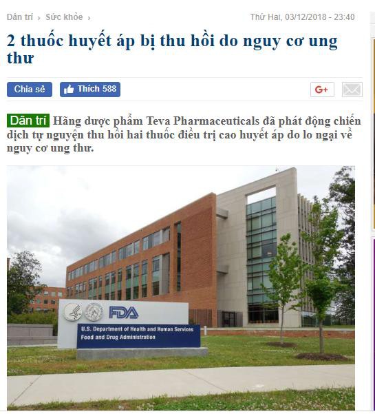 Ngày 3/12, báo Dân trí đưa tin thu hồi 2 thuốc huyết áp do nguy cơ ung thư