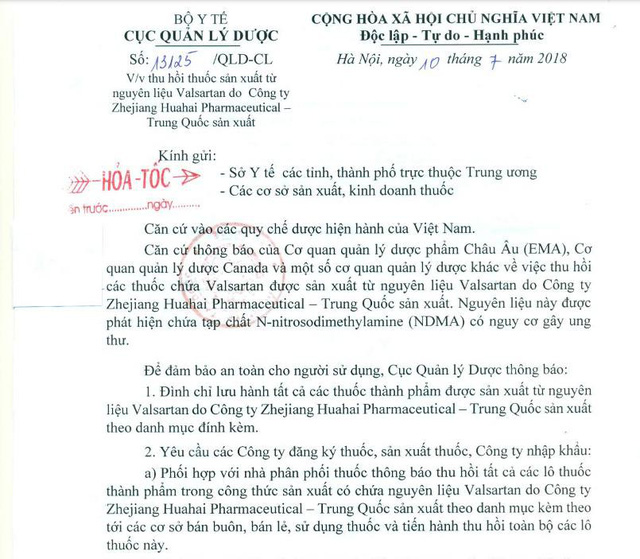 Công văn của Cục Quản lý Dược về việc đình chỉ, thu hồi các lô thuốc có chứa nguyên liệu Valsartan