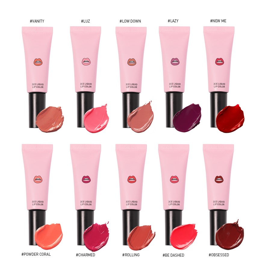 Bảng màu son 3CE Liquid Lip Color với 10 màu son