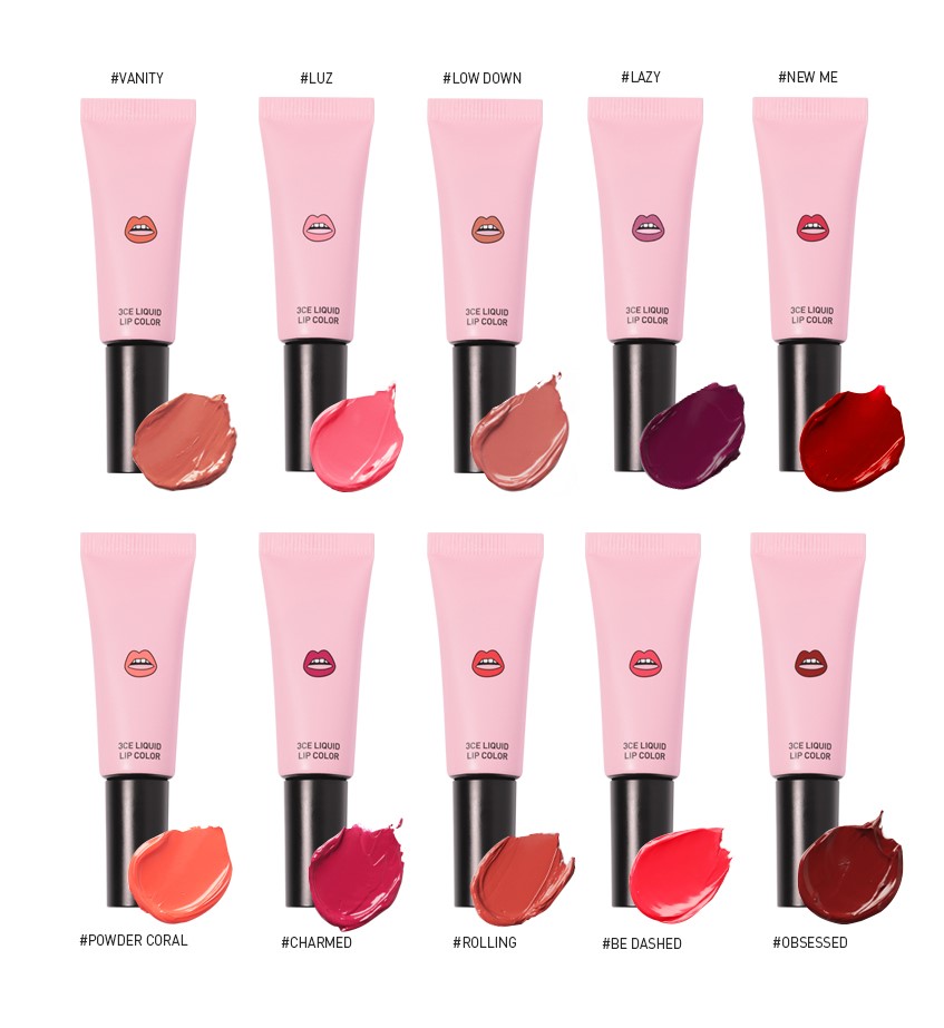 Bảng màu son 3CE Liquid Lip Color với 10 màu son 