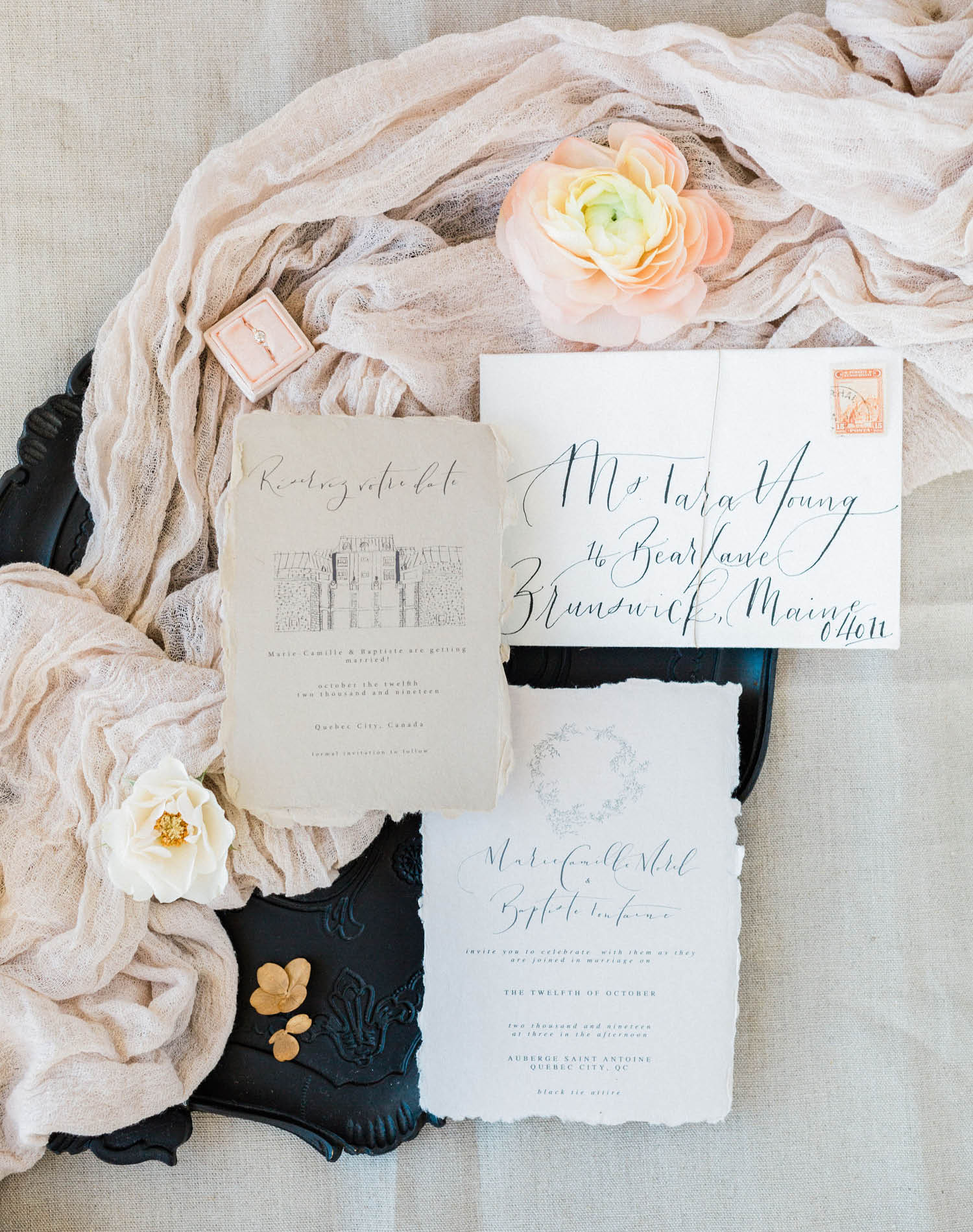 French Farm House Inspired Wedding in Quebec Auberge Saint-Antoine - Wedding Invitation Suite by Oh Joy Calligraphy