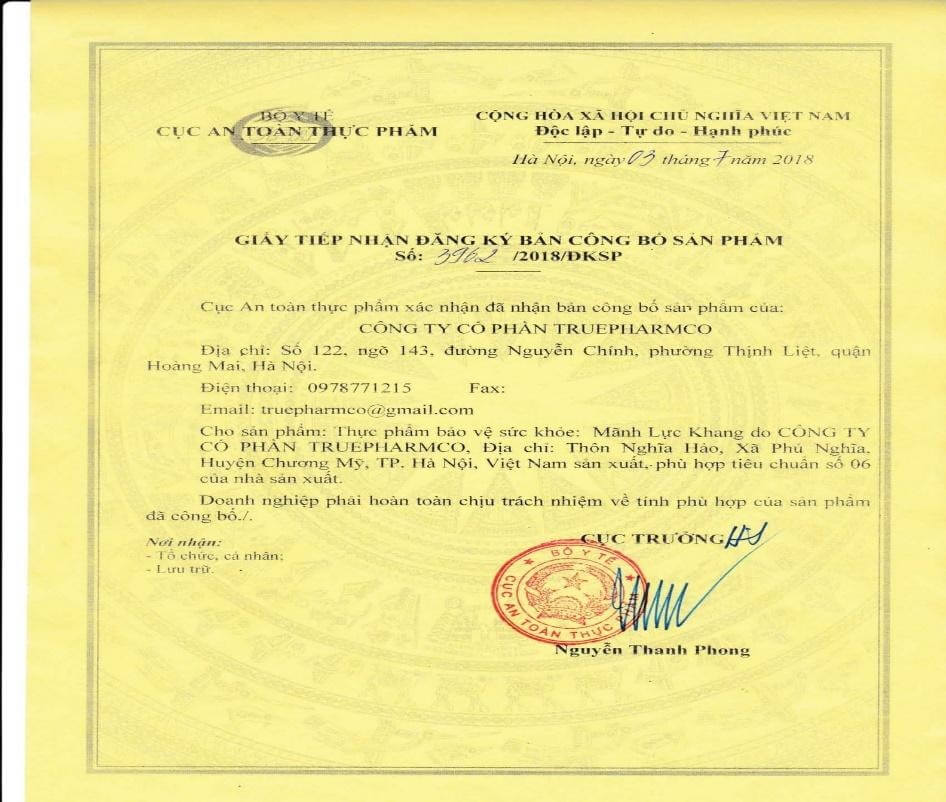 Giấy tiếp nhận đăng ký bản công bố sản phẩm Mãnh Lực Khang Plus do Bộ y tế Cục An Toàn Thực Phẩm cấp phép.