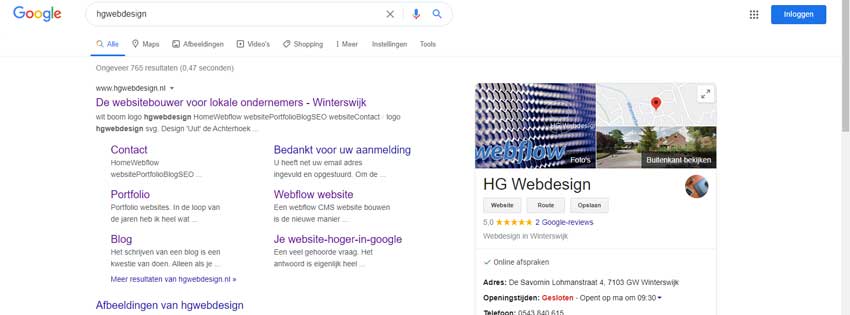 screenshot van de google zoekpagina met daarop een local box van hg webdesign
