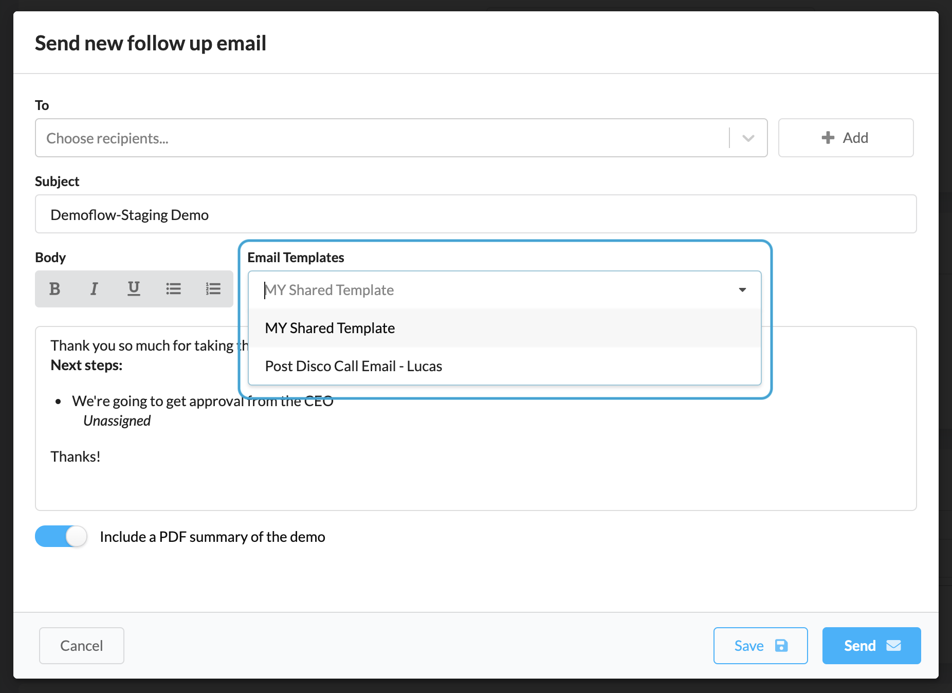 email dropdown
