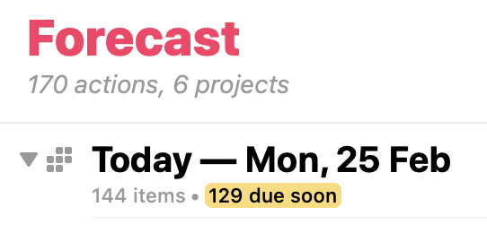 The OmniFocus Forecast view, showing 129 items due soon.
