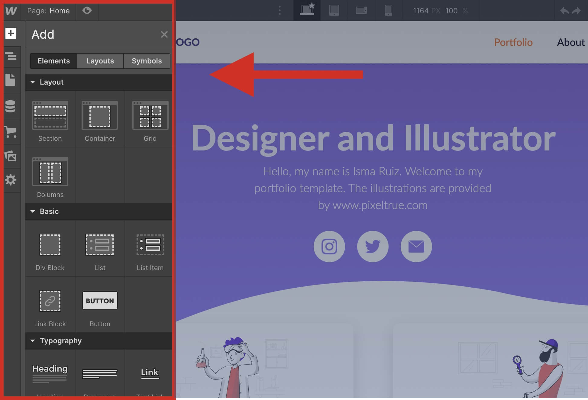 Webflow elements panel