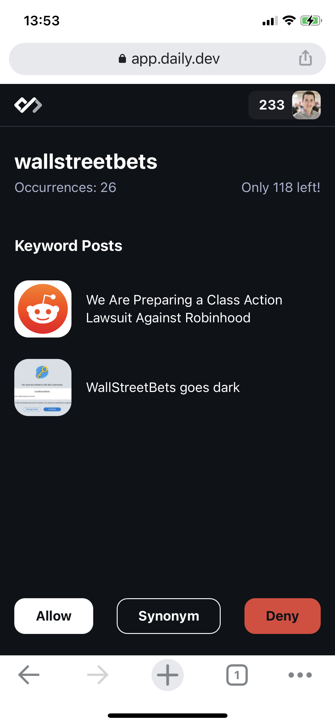 A screenshot of daily.dev moderation app.