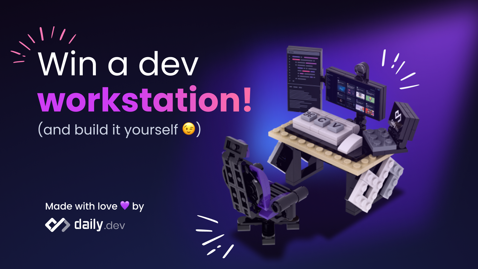 a cover image showing a lego set of a developer workstation made by daily.dev