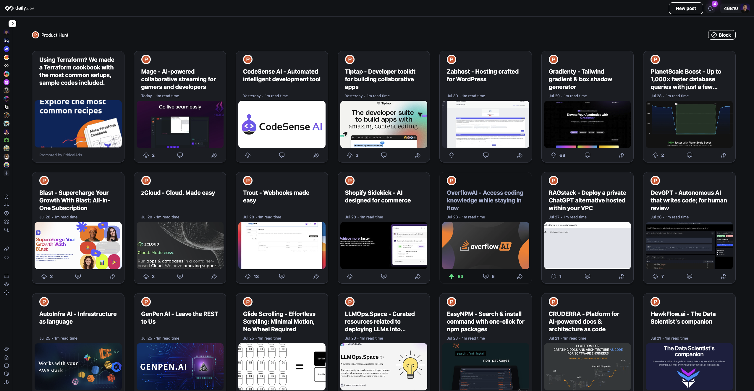 screenshot of product hunt posts on daily.dev