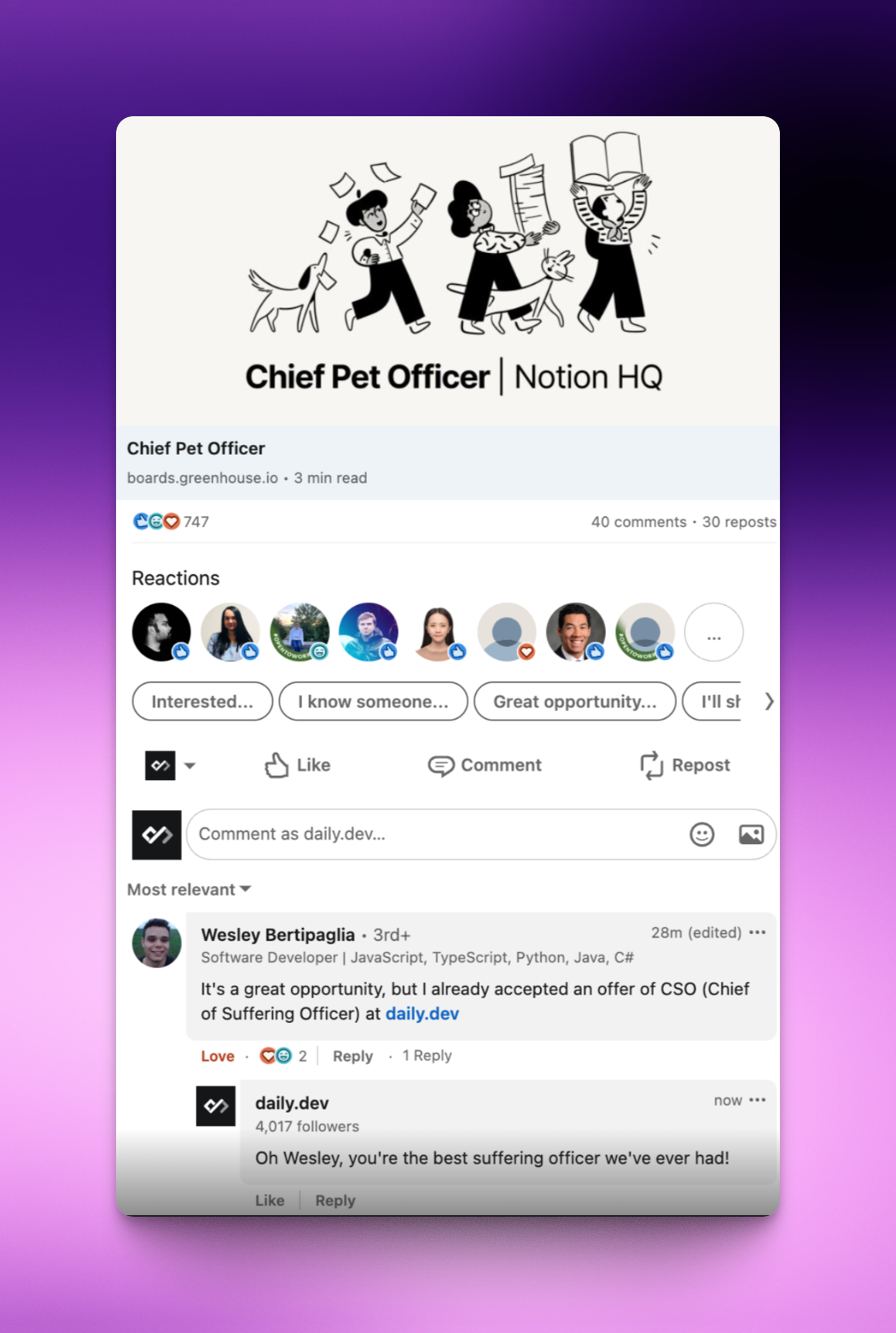 A screenshot from LinkedIn that's featuring the Notion parallel campaign and the comment from the daily.dev community member