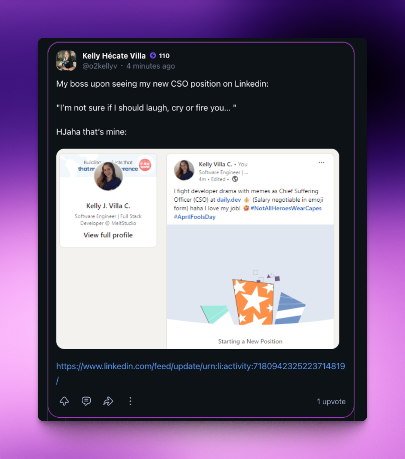 Kelly, a comunity member of daily.dev, writing a comment about her new title