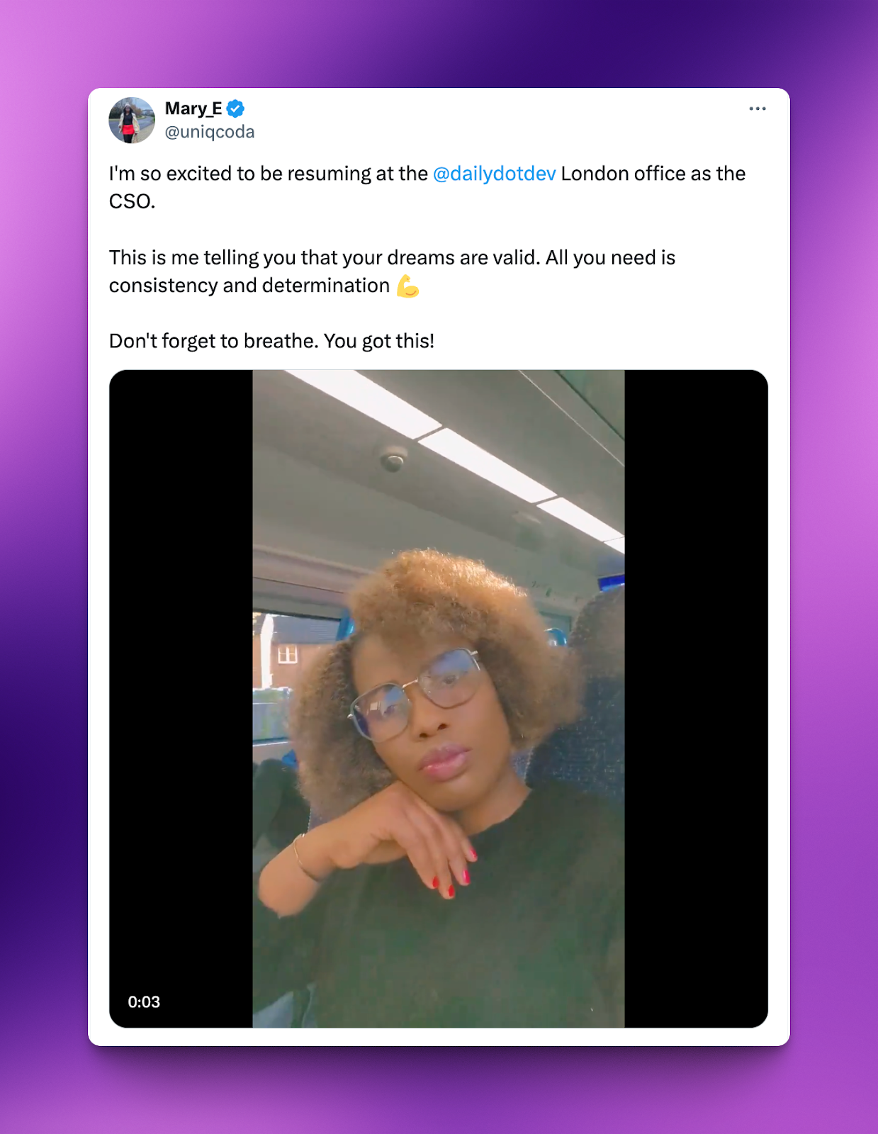 A screenshot from X (formerly Twitter) with an announcement from one of daily.dev's community members and her new role