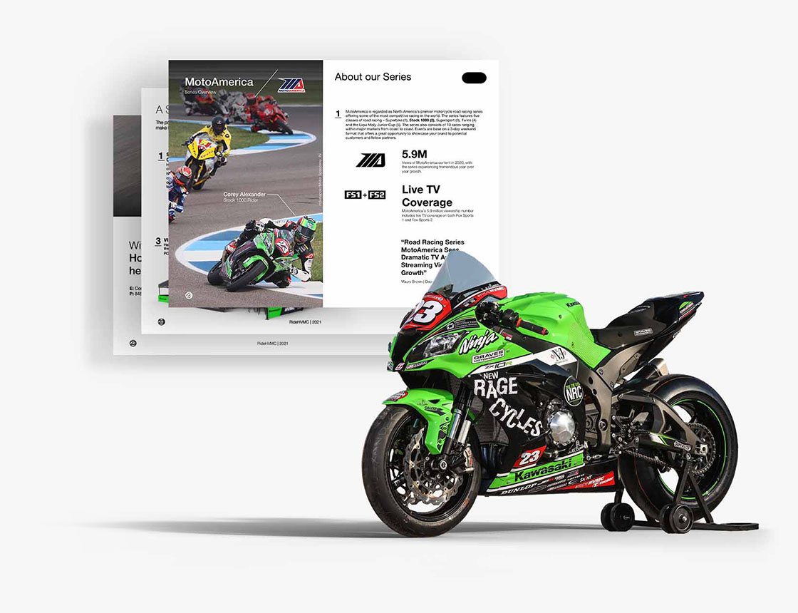 Mock up of motorsports sponsorship deck with MotoAmerica Stock 1000 bike