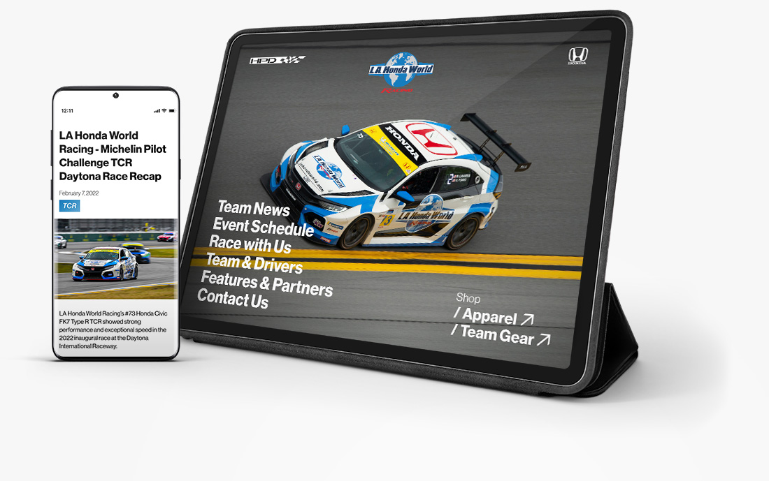 Website showcase of LA Honda World Racing's website on tablet and iphone