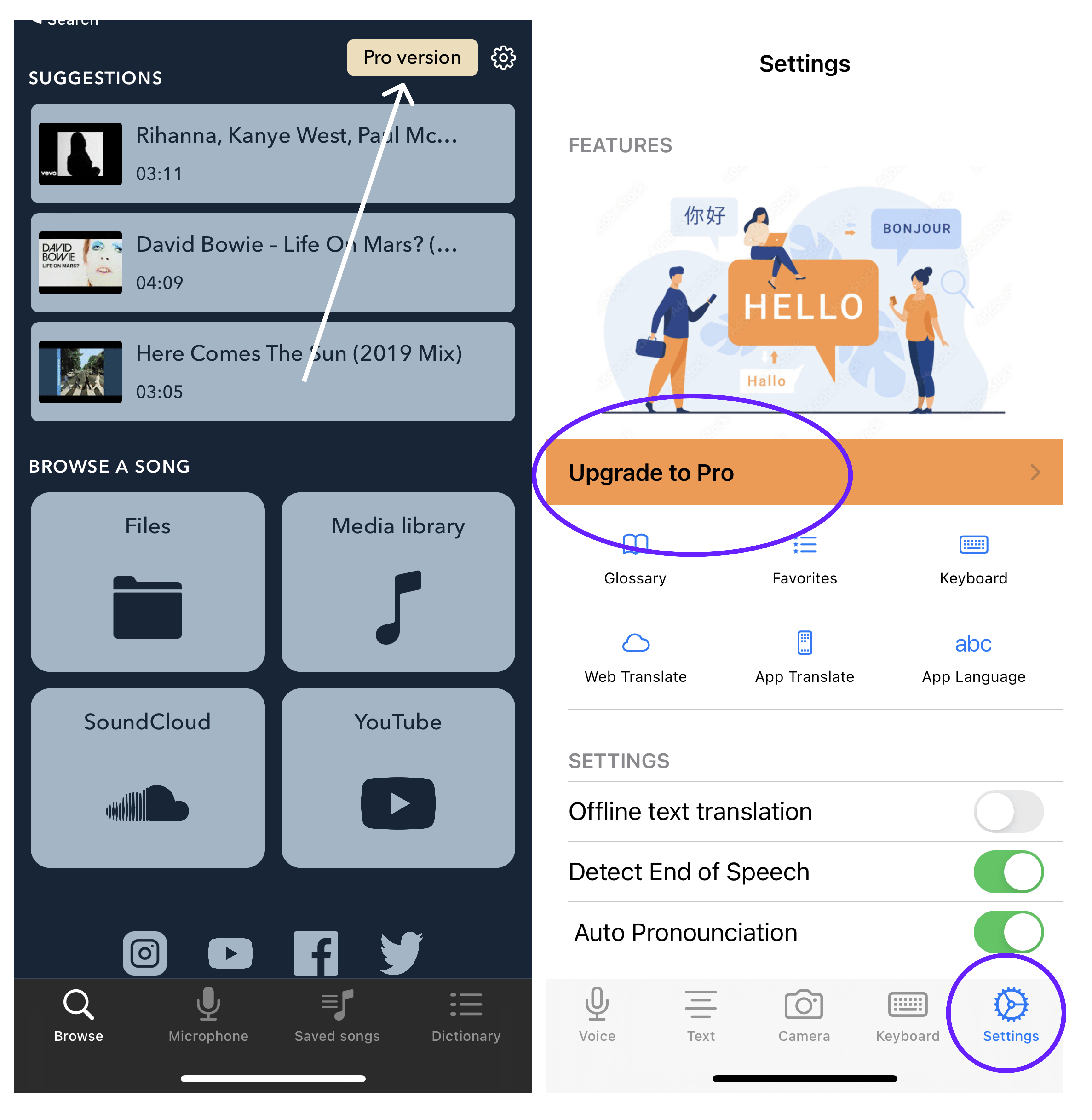 the screenshots of mobile app screens with the buttons leading to the paywall
