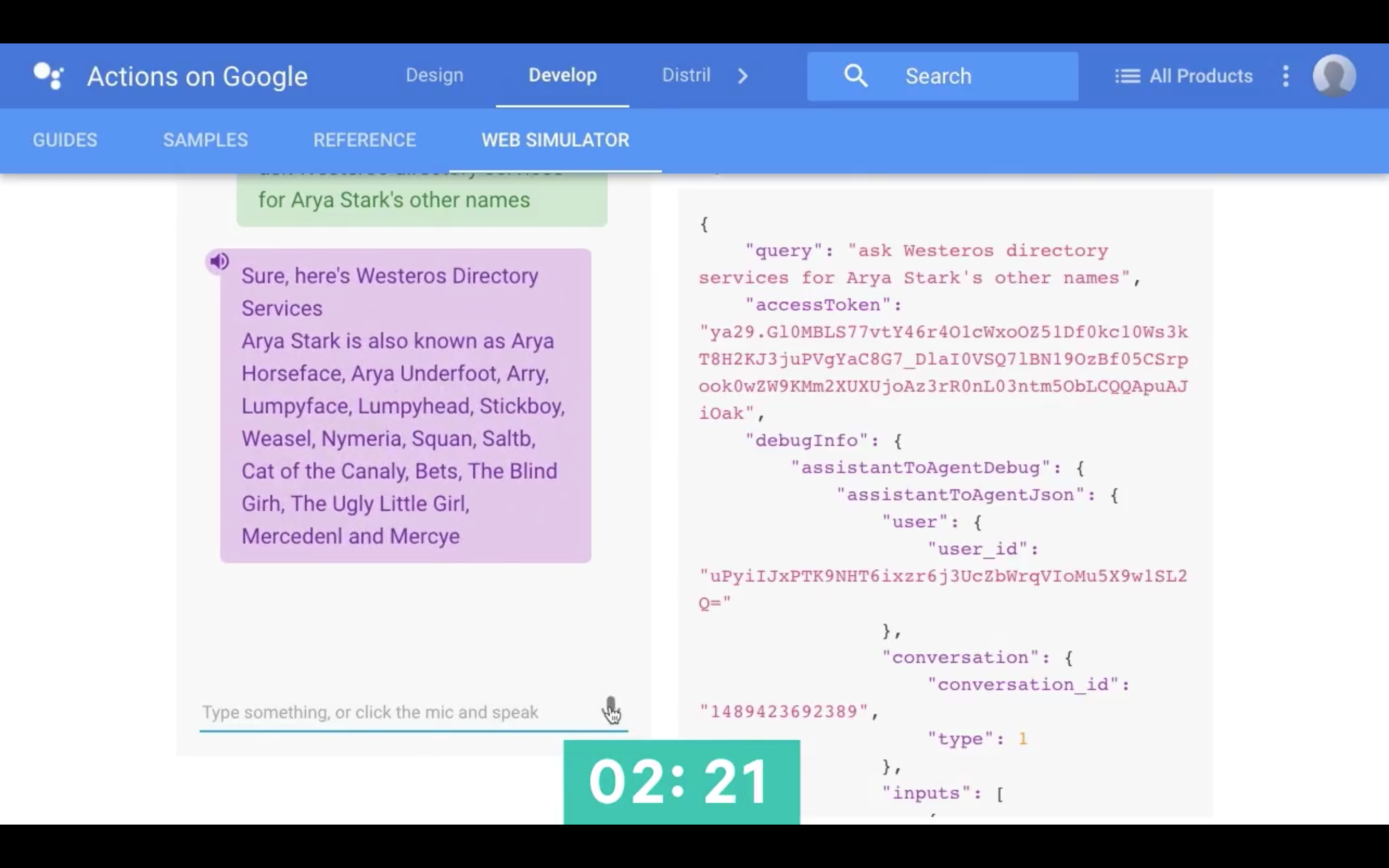 Actions on Google Web Simulator