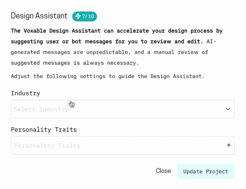 Animation of the Voxable Design Assistant settings. The user selects an industry and personality traits to describe the bot being designed.