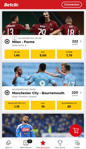 Application de paris sportifs Betclic, écran d'accueil - Follow Win Betting