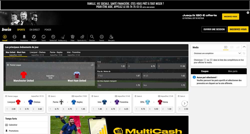 Site de paris sportifs Bwin, écran d'accueil - Follow Win Betting