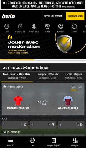 Application de paris sportifs Bwin, écran d'accueil - Follow Win Betting